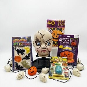 90s Halloween Prop Bundle VTG Skull Lights Creepy Doll Head Window Blinker Lot